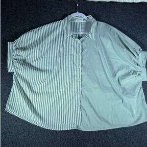 Day + Moon Womens Green White Striped Oversized Button Down Shirt A3157 Size M